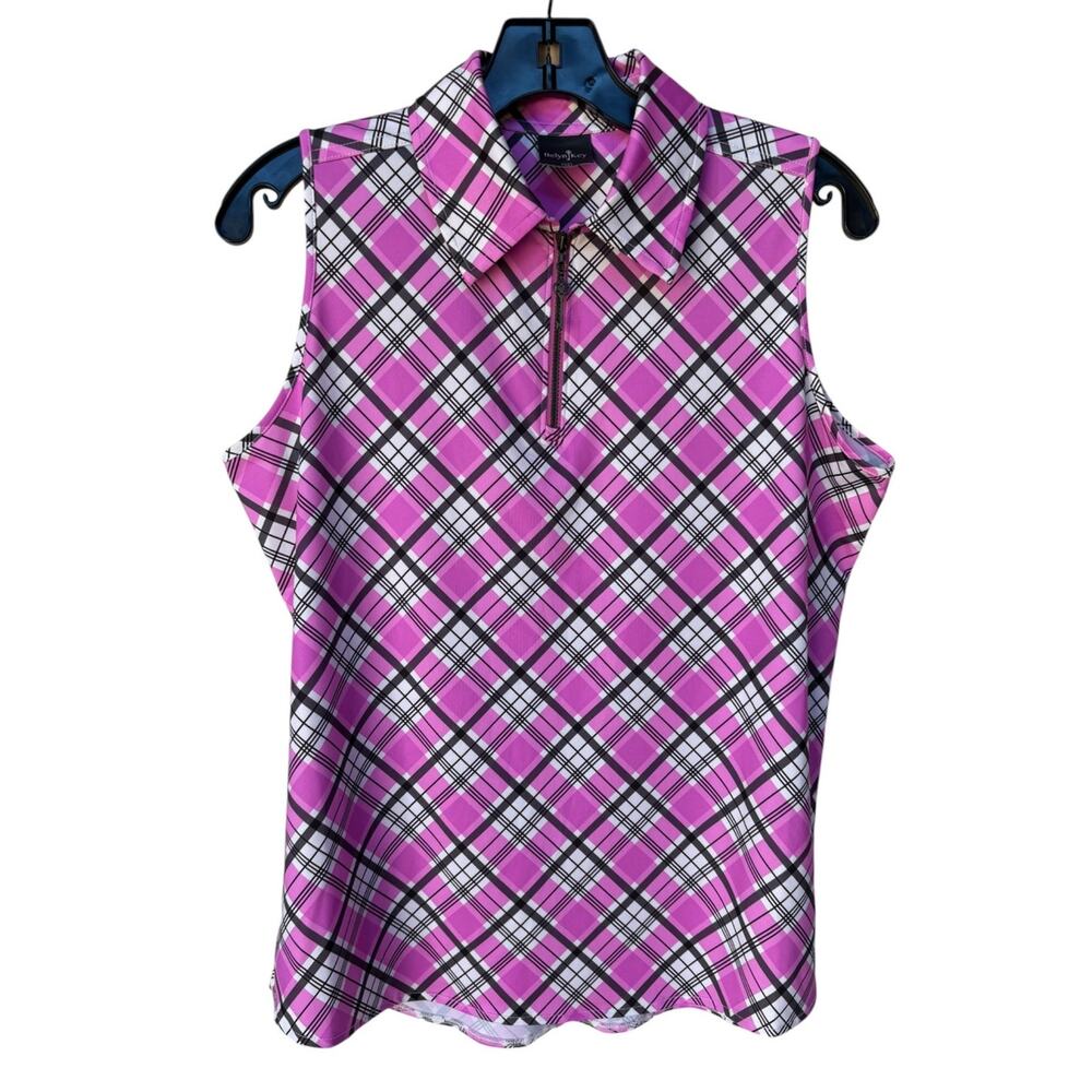 Belyn Key Pink Argyle Sleeveless Quarter Zip Golf Performance Polo Plaid size M
